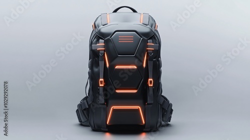 25 game design, stylish backpack with futuristic gadgets and compartments, sleek design and subtle glowing accents, centered on a white background photo