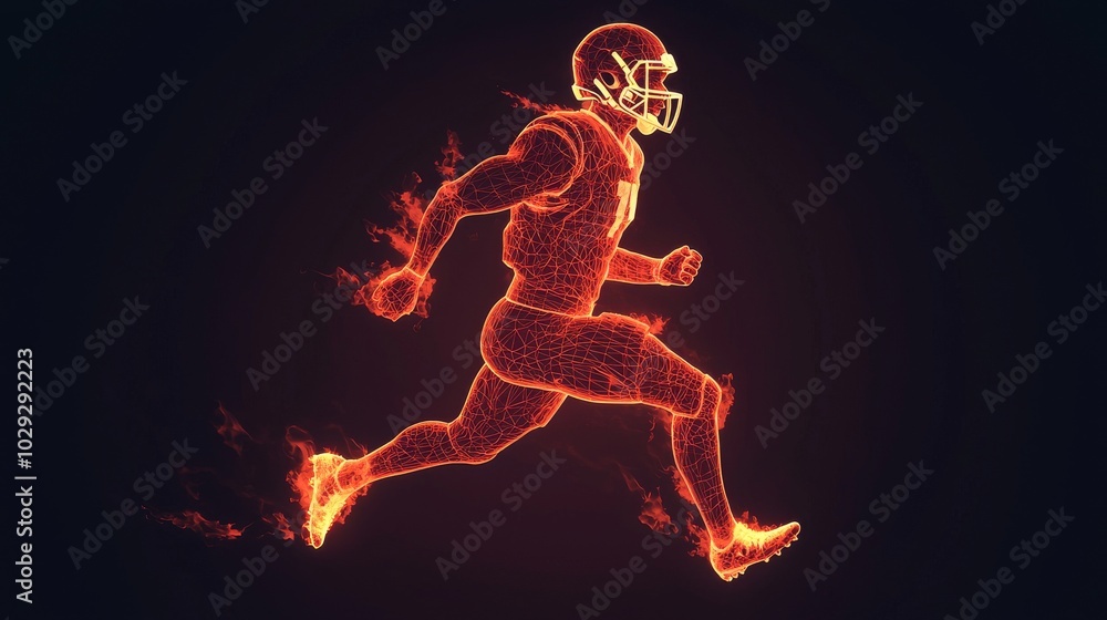 A dynamic, glowing figure of american football player running, created with fiery particles, representing speed and energy in sports. A dynamic, glowing figure of american football player running, created with fiery particles, representing speed and energy in sports.