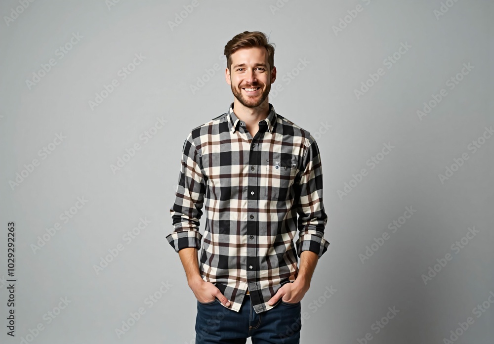 Smiling Man in Casual Checkered Shirt and Relaxed Fashion, Stylish and Laid-back Lifestyle Portrait Smiling Man in Casual Checkered Shirt and Relaxed Fashion, Stylish and Laid-back Lifestyle Portrait