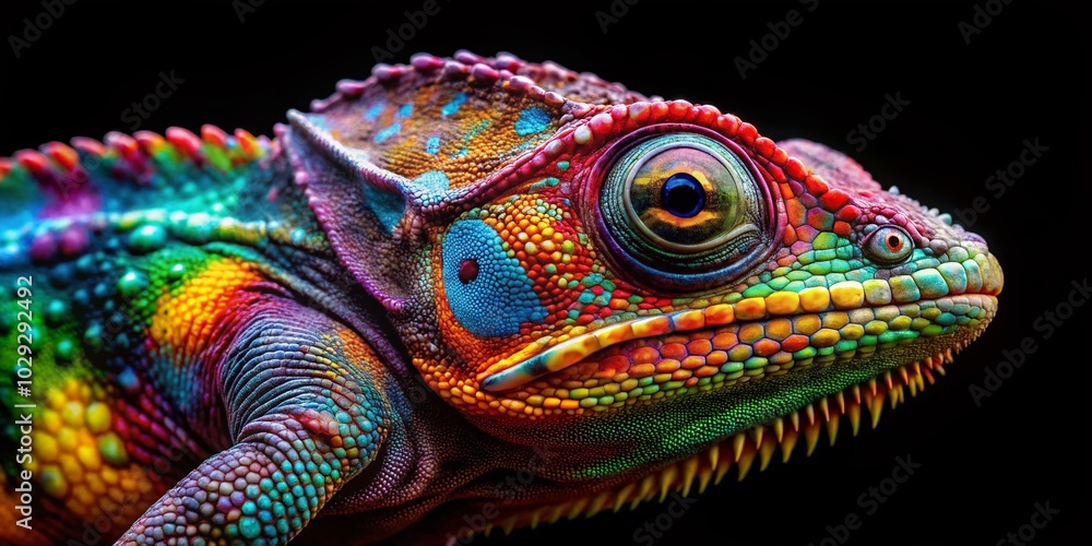 Vibrant Chameleon on Black Background - Exotic Reptile Photography Vibrant Chameleon on Black Background - Exotic Reptile Photography