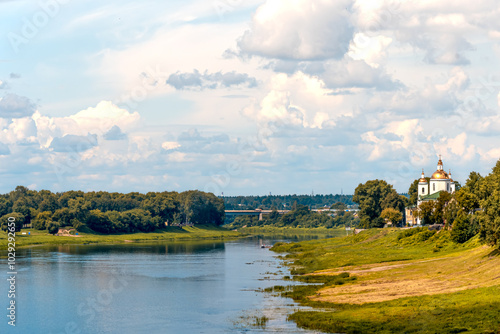 Western Dvina river in the city of Polotsk Belarus with a church on the bank photo