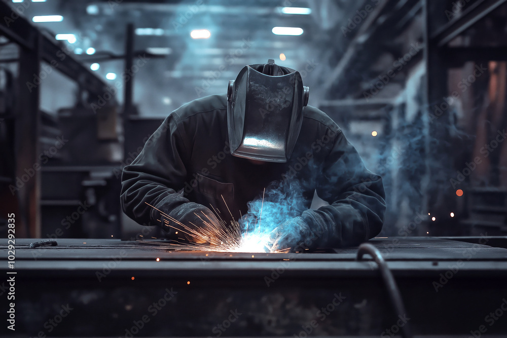 Welder at a factory creating large-scale metal constructions. Welder at a factory creating large-scale metal constructions.
