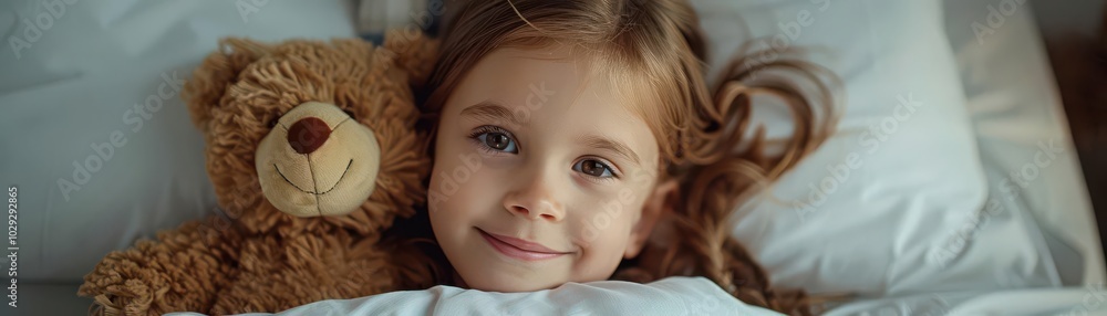 Child with a teddy bear, hugging it tightly in bed Child with a teddy bear, hugging it tightly in bed