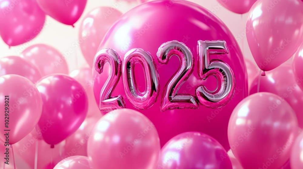 Pink balloons shaped like 2025 on a pink Christmas background. New Year 2025. Pink balloons shaped like 2025 on a pink Christmas background. New Year 2025.