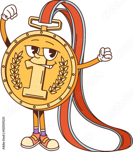 Groovy school golden medal character. Isolated cartoon vector happy gold trophy personage with y2k hippie retro vibe and number one symbol, rejoice and celebrating achievements in education or sports