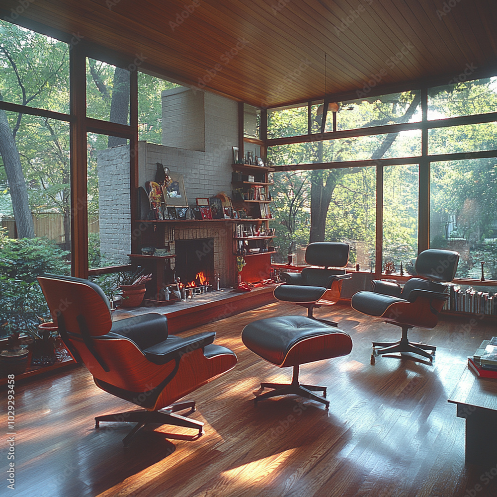 Fototapeta premium cozy living room featuring brown leather chairs and modern grey sofa, illuminated by natural light streaming through large windows. warm ambiance is enhanced by fireplace and lush greenery outside