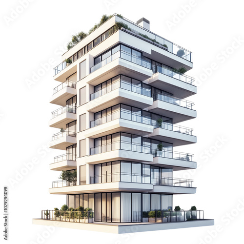 A high-rise apartment building with balconies and a modern facade isolated on transparent background