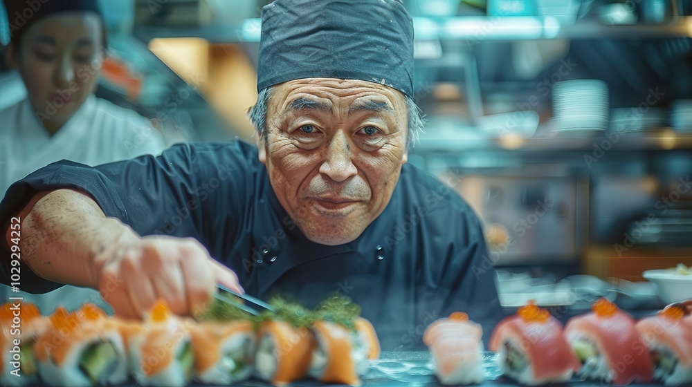 Chef preparing sushi in a traditional Japanese restaurant Chef preparing sushi in a traditional Japanese restaurant