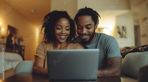 Couple enjoying time together while using a laptop indoors.