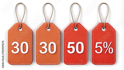 Bright discount tags in bold red and yellow colors, with percentage signs and sale labels, set against a dynamic background, symbolizing seasonal sales, promotions, and special offers.