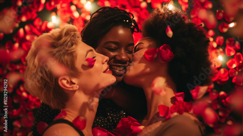 Polyamory triad sharing affectionate moments with rose petals around.