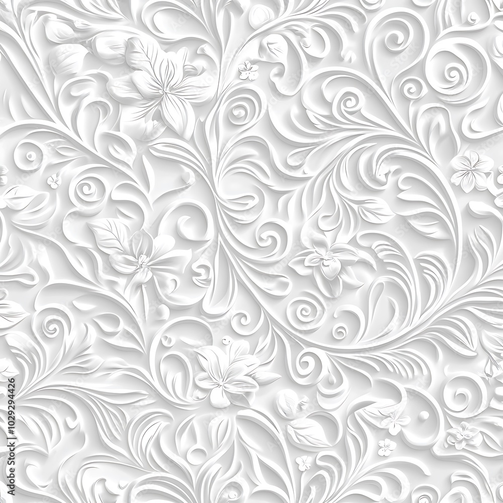 A textured white floral pattern with intricate designs and relief effects. A textured white floral pattern with intricate designs and relief effects.