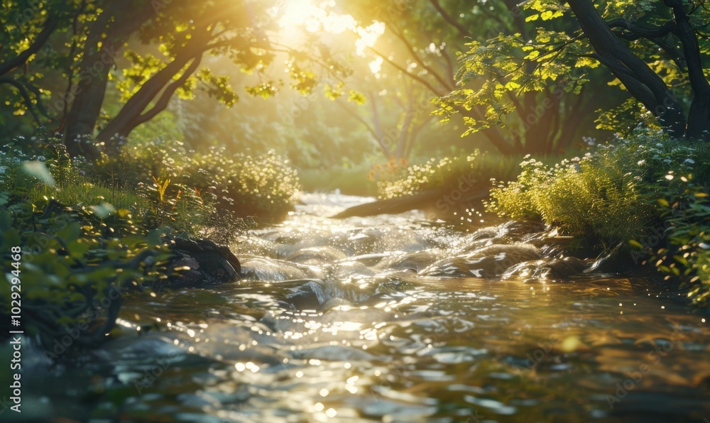 Fotografie Stream flowing through a sunlit forest, 4K hyperrealistic photo