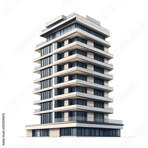 A high-rise apartment building with balconies and a modern facade isolated on transparent background