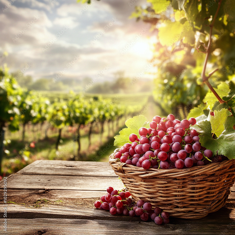 Nature and Agriculture: Image of a basket full of grapes in a vineyard Nature and Agriculture: Image of a basket full of grapes in a vineyard