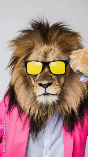 Anthropomorphic lion in a pink business suit and stylish glasses photo