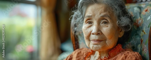 Old woman with a serene expression, sitting in a rocking chair by the window