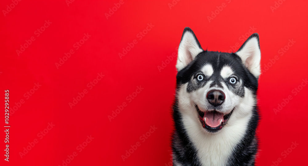Obraz premium Close up shot of a husky dog ​​squinting with pleasure and happiness with its mouth open on a red background. Concept banner template for advertising, posters and backdrops