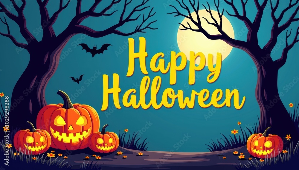 Pumpkin glows in Halloween card, bat flies in creepy night sky. Autumn greeting for holiday event, mystery lantern on house wall. Pumpkin glows in Halloween card, bat flies in creepy night sky. Autumn greeting for holiday event, mystery lantern on house wall.