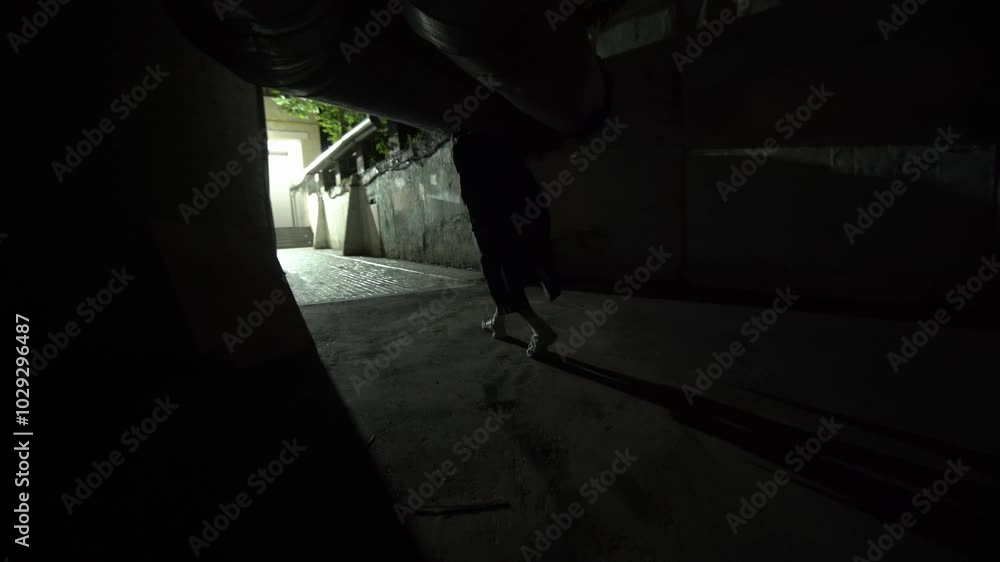 Man silhouette walking in a dark tunnel. Underground, depression concept. Horror Man silhouette walking in a dark tunnel. Underground, depression concept. Horror