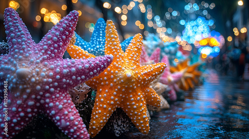 Colorful starfish lined along a wet surface illuminated by soft lights in an evening market setting photo