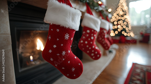 Cozy Christmas fireplace adorned with festive stockings and a beautifully lit tree in a warmly decorated living room