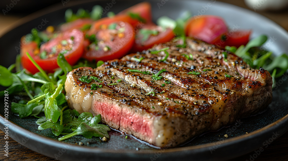 Grilled steak served with fresh tomatoes and greens on a plate in a cozy dining setting Grilled steak served with fresh tomatoes and greens on a plate in a cozy dining setting