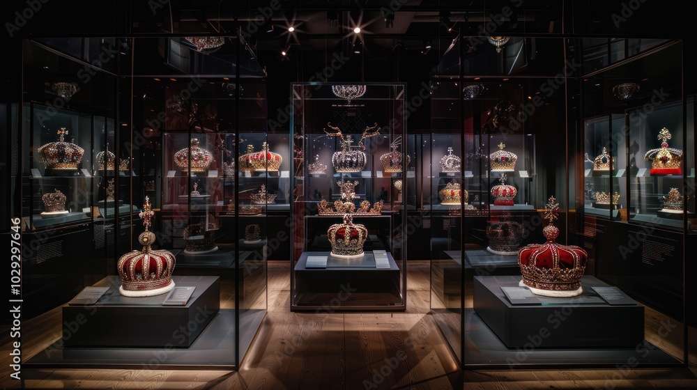 Collection of Royal Crowns Displayed in Glass Cases Collection of Royal Crowns Displayed in Glass Cases