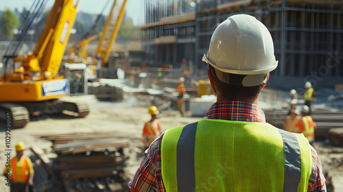 A construction manager overseeing workers on a busy construction site with cranes and machinery. photo