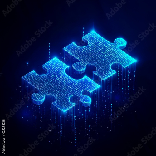 Two glowing blue digital puzzle pieces floating in a dark background, symbolizing technology integration, connection, and problem-solving