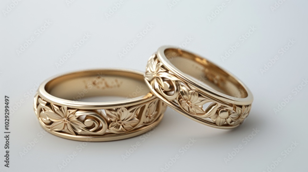 Two Gold Wedding Bands with Floral Designs Two Gold Wedding Bands with Floral Designs