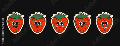 Vector illustration of strawberries. Isolated black background. Sticker set