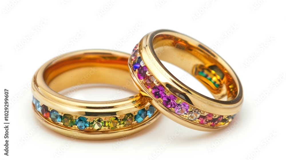 Two Gold Rings with Multicolored Gemstone Bands Two Gold Rings with Multicolored Gemstone Bands