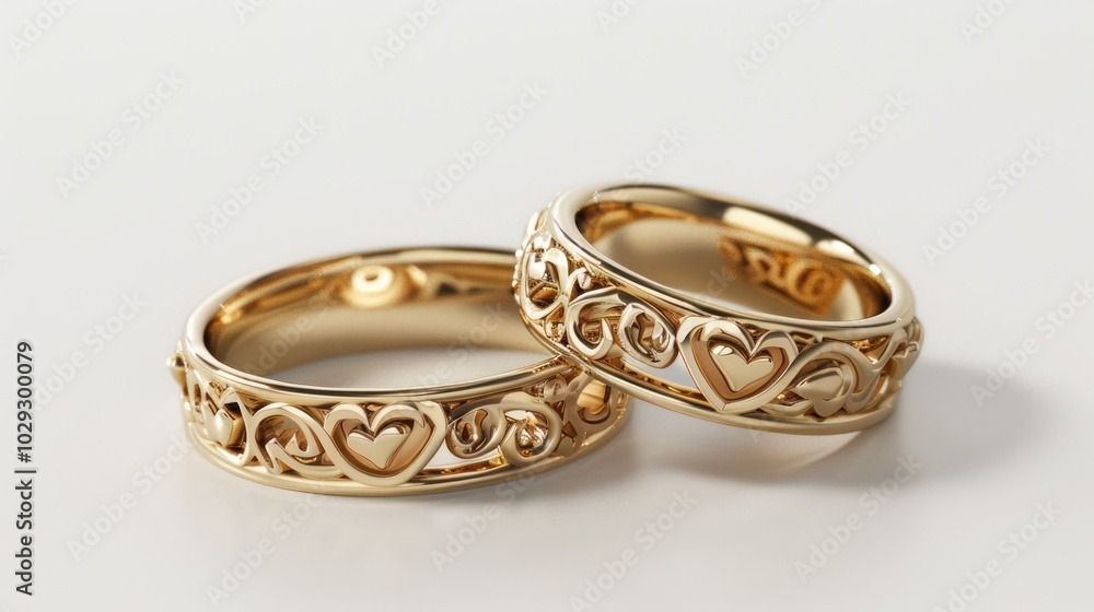 Two Gold Wedding Bands with Heart Design Two Gold Wedding Bands with Heart Design