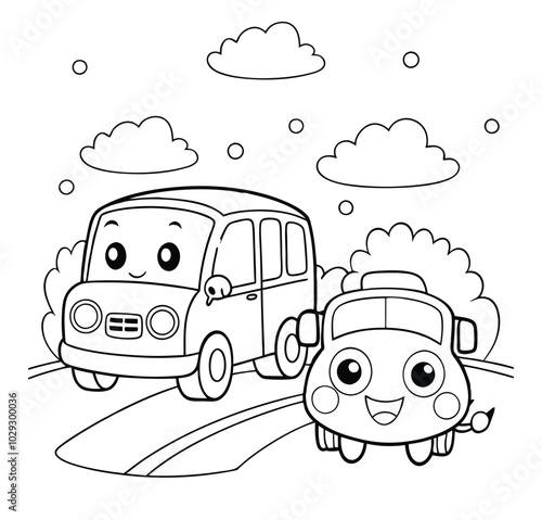 Cute kawaii bus on road coloring age for kids