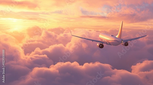 Wallpaper Mural Airplane Flying Over Fluffy Clouds at Sunset Torontodigital.ca