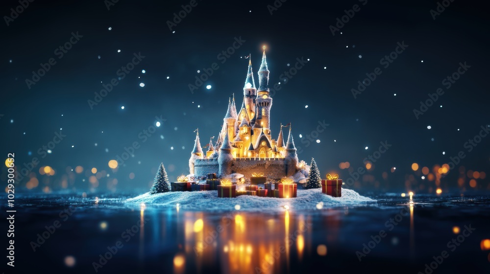 Obraz premium Beautiful magical ice castle. Romantic winter background for greeting card poster design.