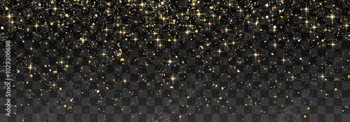 Glitter gold particles shine effect on transparent background. Vector gold glitter particles effect and texture. Stardust amber particles color on png background. Golden explosion of confetti