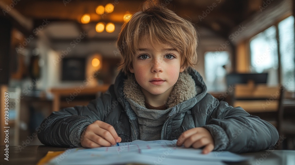 A young boy sits at a table, focused on his work with papers spread out in front of him. A young boy sits at a table, focused on his work with papers spread out in front of him.