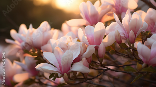 High-Resolution Close-Up Photo of Magnolia Flowers at Sunset, Soft Pink and White Blossoms