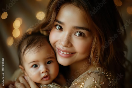 Young mother holding her baby, smiling tenderly