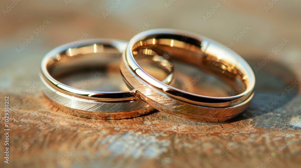 Two Gold Wedding Bands Resting on a Rough Surface Two Gold Wedding Bands Resting on a Rough Surface