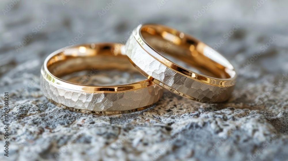 Two Gold Wedding Bands with Hammered Texture Two Gold Wedding Bands with Hammered Texture