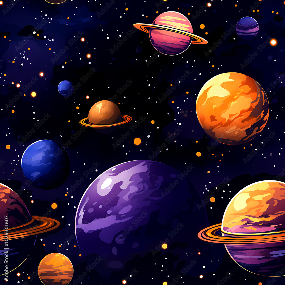 Naklejka premium Futuristic Space Pattern with Planets and Orbit Lines