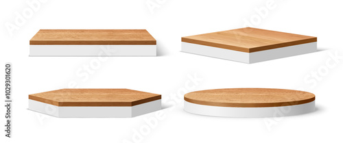 3d realistic white podium stage with wooden floor plates. Isolated vector geometric platforms or pedestals with polished wood top. Round, hexagonal and square exhibit stands for product presentation