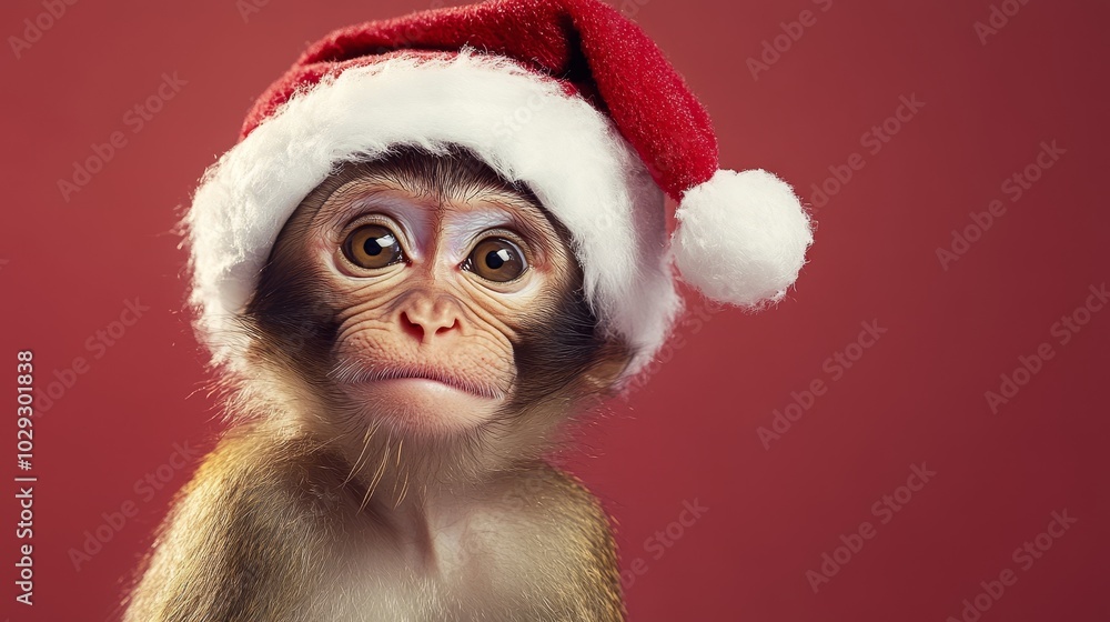 Monkey in Santa hat. Christmas background Monkey in Santa hat. Christmas background