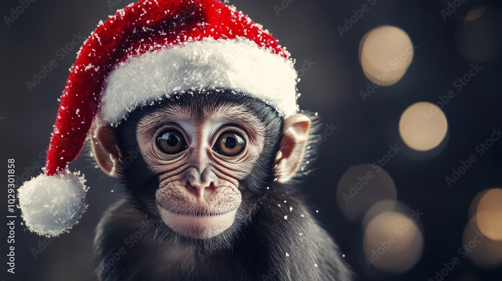 Monkey in Santa hat. Christmas background Monkey in Santa hat. Christmas background