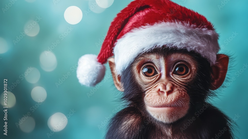 Monkey in Santa hat. Christmas background Monkey in Santa hat. Christmas background