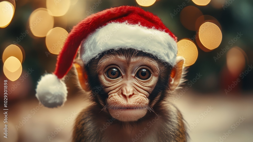 Monkey in Santa hat. Christmas background Monkey in Santa hat. Christmas background