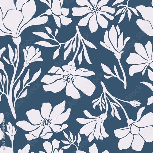 Seamless contrasting ink floral laconic light and dark ink handmade design for fabric design, decor, ceramics, greeting cards, flowers on black background